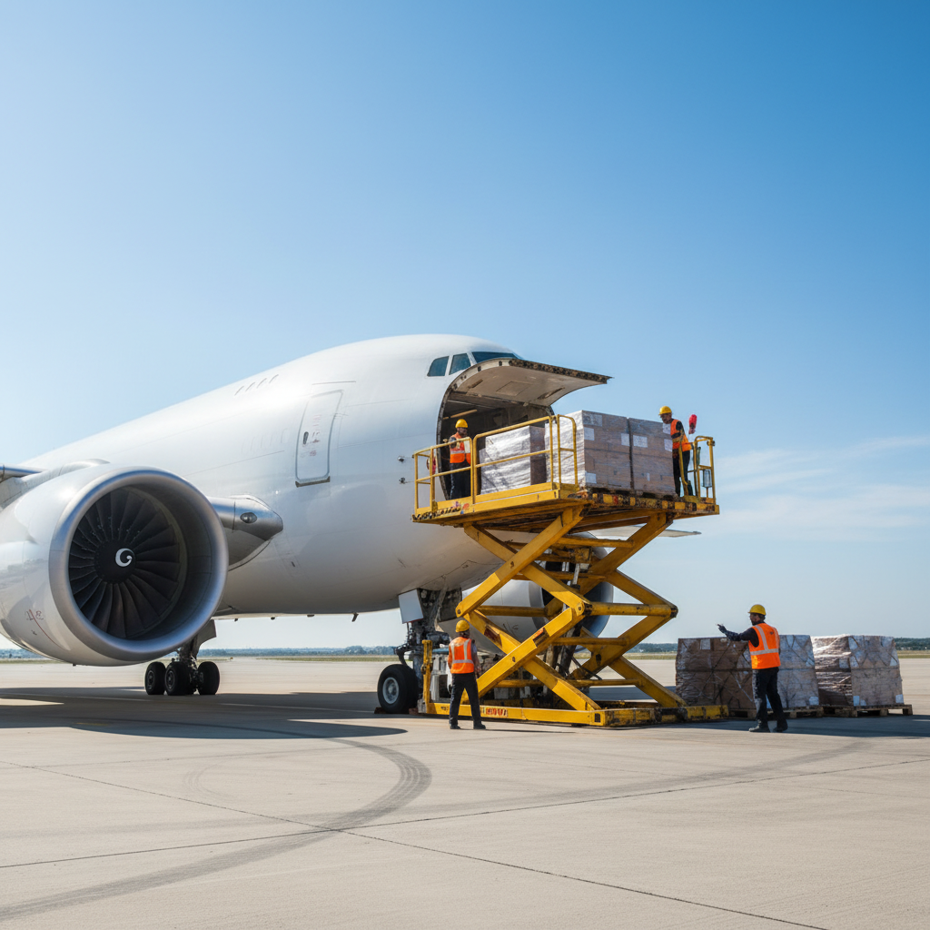 Cargo aircraft being loaded with freight pallets at airport terminal