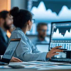 Business professionals reviewing customer portfolio and concentration risk analysis