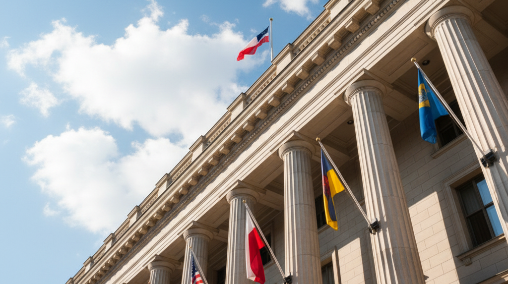 Neoclassical government building facade with international flags representing political risk