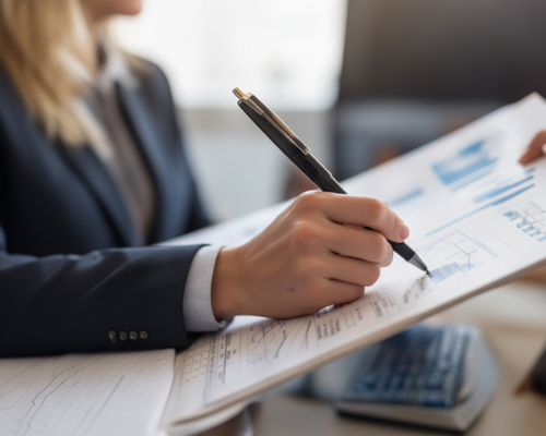 Bank executive reviewing loan documents
